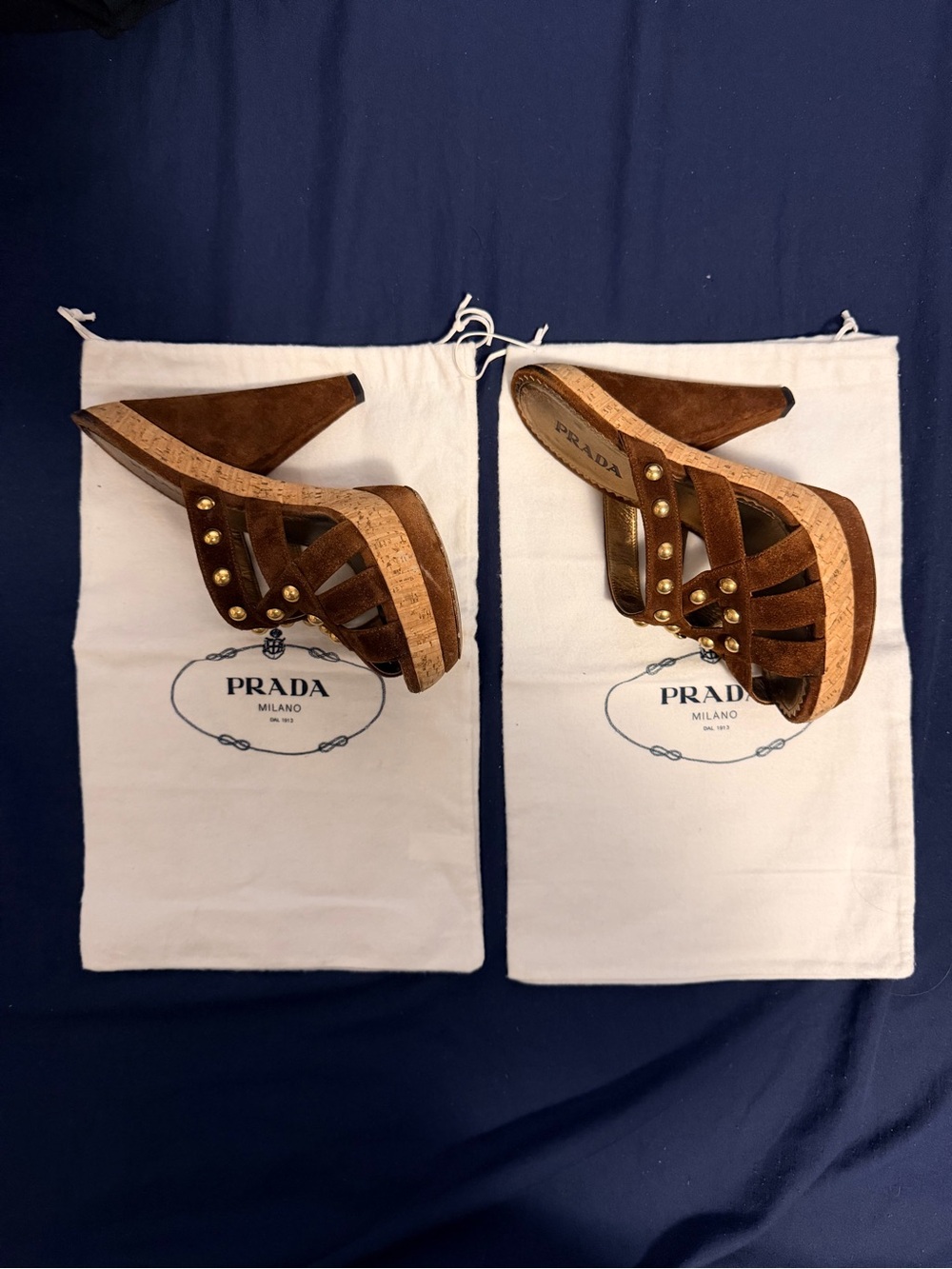 Prada Brown Suede Cork Wedge Sandals with Gold Studs